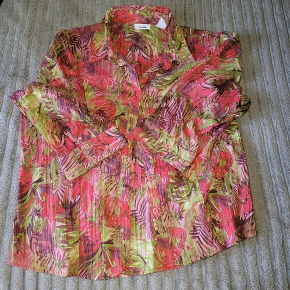 Ms Lee Shirt Women's XL Red 3/4 Sleeve Button Up Business Casual Forest Print - Picture 1 of 5